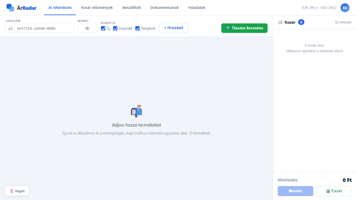 Cikkszám alapú automatikus árlekérdezés és árösszehasonlítás több beszállító webshopjában – ÁrRadar kereső modul demó